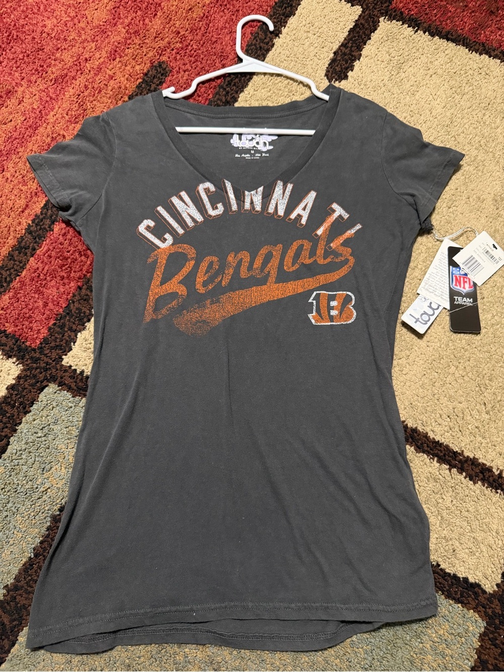 NFL Women’s Cincinnati Bengals Gray V-Neck Tee with Orange Logo